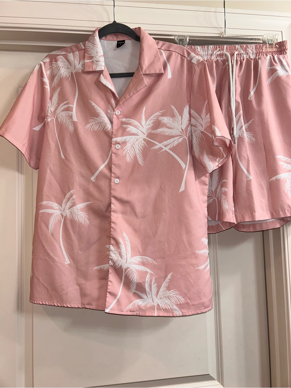 SHEIN Pink Palm-Print Shirt and Short Set M
